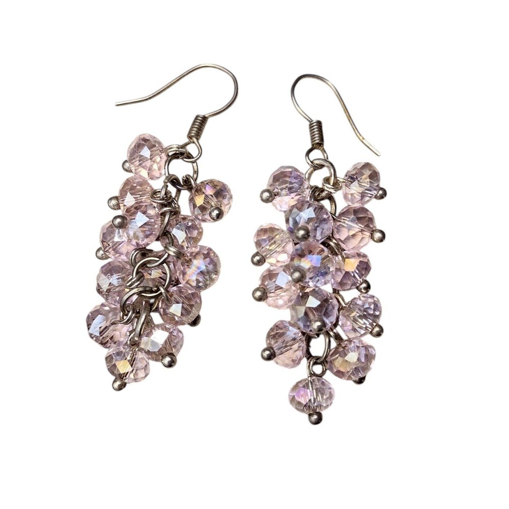 Pink AB Facet Crystal Beaded Dangle Cluster Earrings